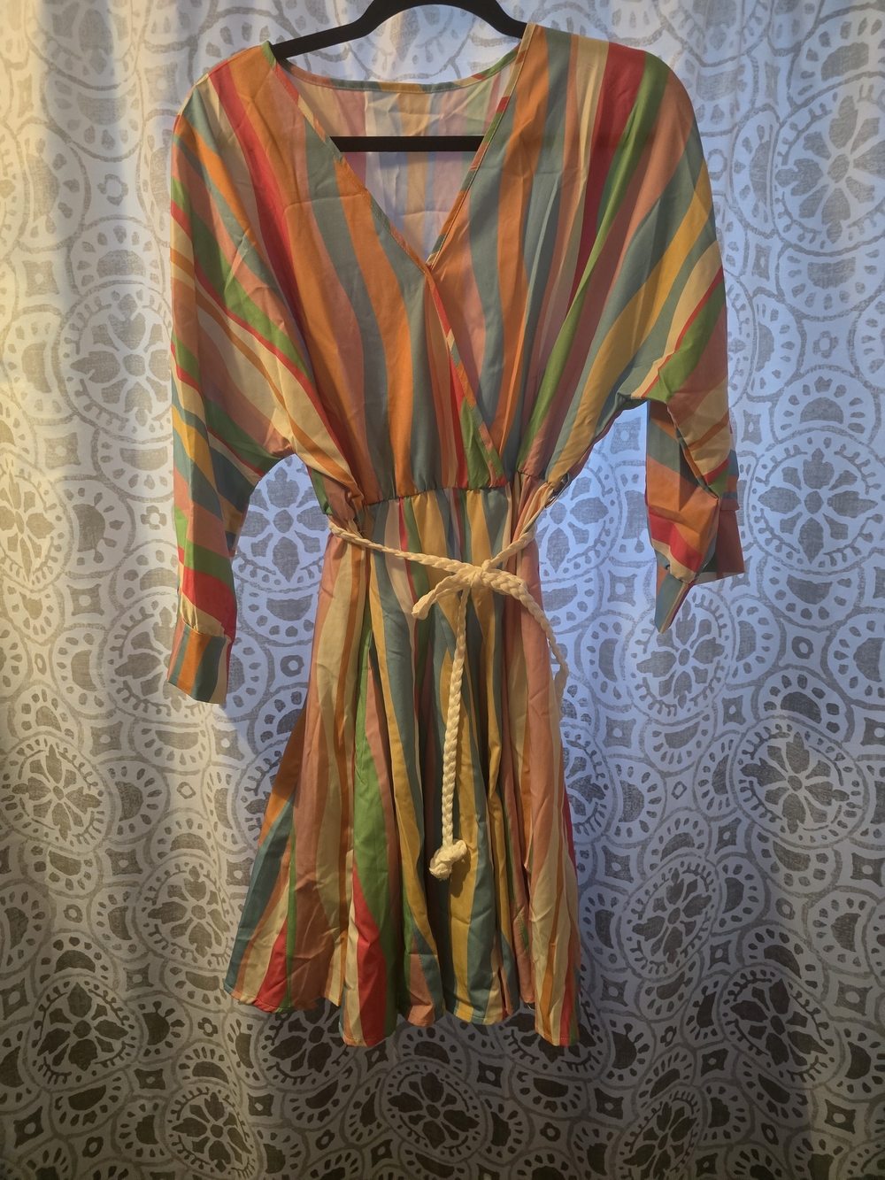 Multicolor Striped Wrap Dress with Rope Belt